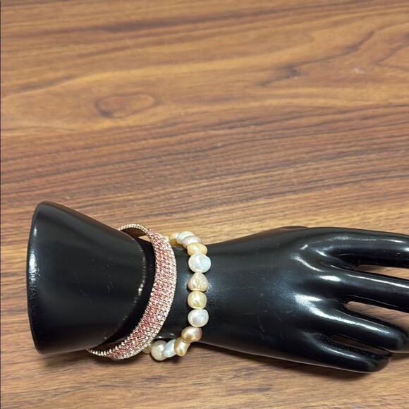 Set of 2 Bracelets. Freshwater Pearls & Pink Rhinestones. - Picture 1 of 6